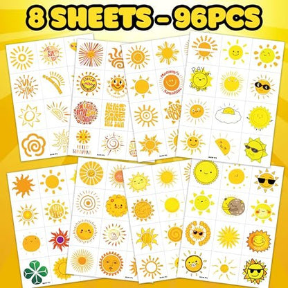 96 PCS Yellow Sun Pre-Cut Birthday Party Decorations Favors Supplies Gold Hippie Sun Smile You Are My Sunshine Decor Temporary Tattoos Stickers for Girls Boys Cute Gifts School Prizes Rewards