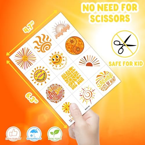 96 PCS Yellow Sun Pre-Cut Birthday Party Decorations Favors Supplies Gold Hippie Sun Smile You Are My Sunshine Decor Temporary Tattoos Stickers for Girls Boys Cute Gifts School Prizes Rewards - görsel 8