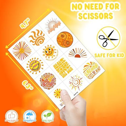 96 PCS Yellow Sun Pre-Cut Birthday Party Decorations Favors Supplies Gold Hippie Sun Smile You Are My Sunshine Decor Temporary Tattoos Stickers for Girls Boys Cute Gifts School Prizes Rewards