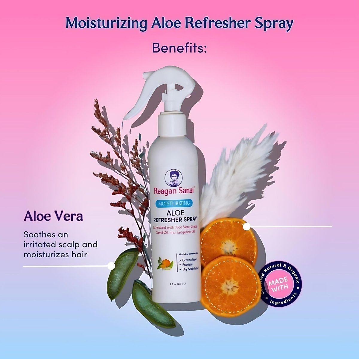 Reagan Sanai Moisturizing Aloe Refresher Hair Spray 8 oz - Organic Hairspray for Strengthening, Softening, and Shine - Curl Enhancer Extra Hold - Hair Detangler Spray Avelisse
