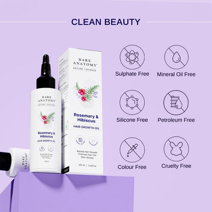 Bare Anatomy Nature x Science Rosemary Hibiscus Hair Growth Oil for Women & Men - Helps Hair Growth & Strengthens Hair, Nourishes Scalp & Controls Hair Fall, Suitable for All Hair Types - 100ml