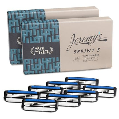 Jeremy's Razors for Men - Sprint 3 Razor Blade Refills - 8 Cartridges - Stainless Steel, Lubricating Strip, Easy Rinse Design Avelisse