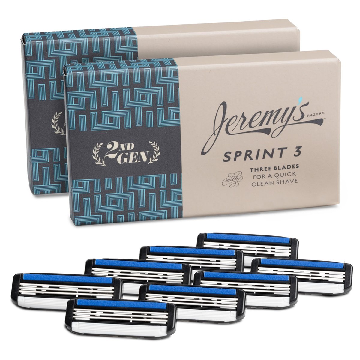 Jeremy's Razors for Men - Sprint 3 Razor Blade Refills - 8 Cartridges - Stainless Steel, Lubricating Strip, Easy Rinse Design Avelisse