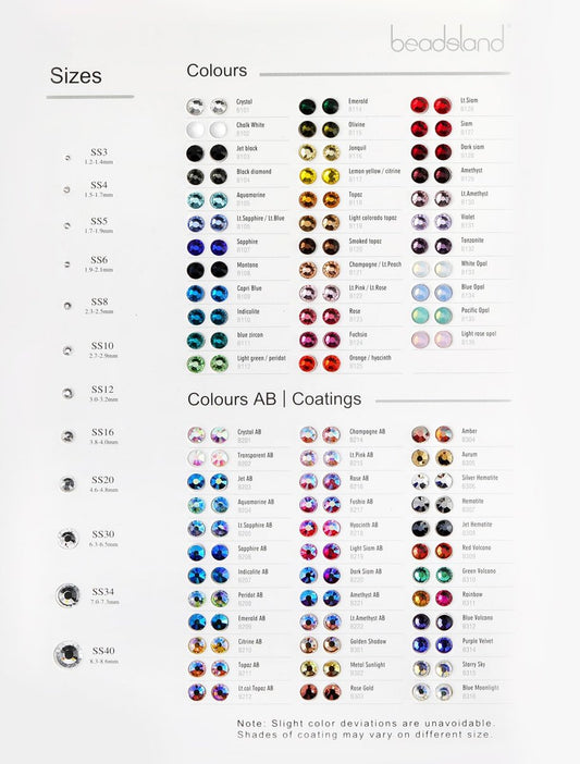 Beadsland Flat Back Rhinestones Sample Card Color Chart - SS3 to SS40, Multi-Color Avelisse