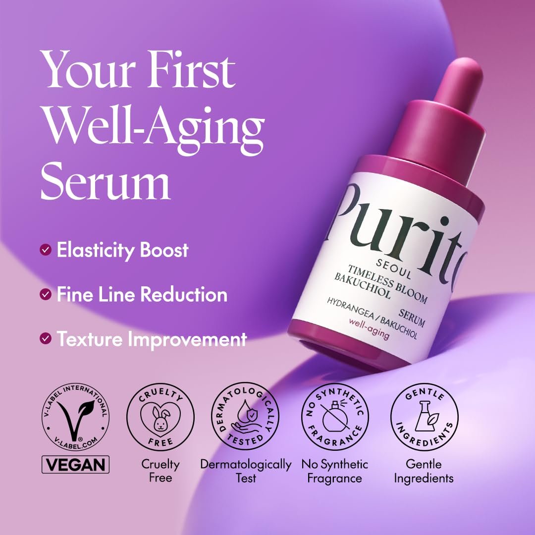 PURITO Timeless Bloom Bakuchiol Serum - Korean Jeju Hydrangea Anti-Aging Ampoule for Sensitive Skin, 1.01 fl.oz Avelisse