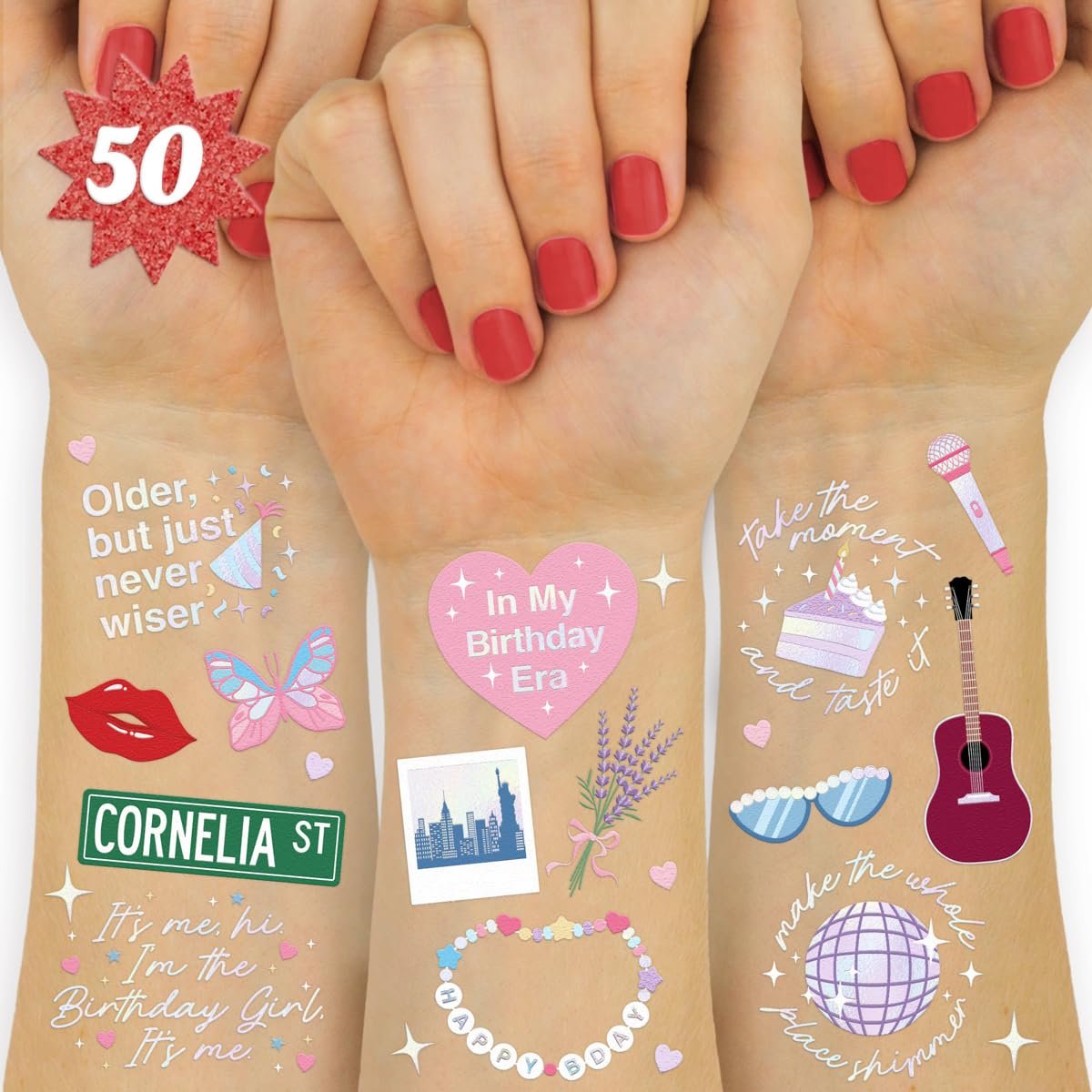 xo, Fetti Birthday Temporary Tattoos - 50 Iridescent Gold Styles for Bday Decorations, Party Favors & Concert Gifts - görsel 1