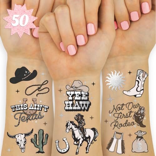 xo, Fetti Western Birthday Party Temporary Tattoos - 50 Silver Foil Pcs | Cowgirl & Bachelorette Party Favors - görsel 1
