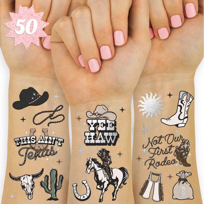 xo, Fetti Western Birthday Party Temporary Tattoos - 50 Silver Foil Pcs | Cowgirl & Bachelorette Party Favors