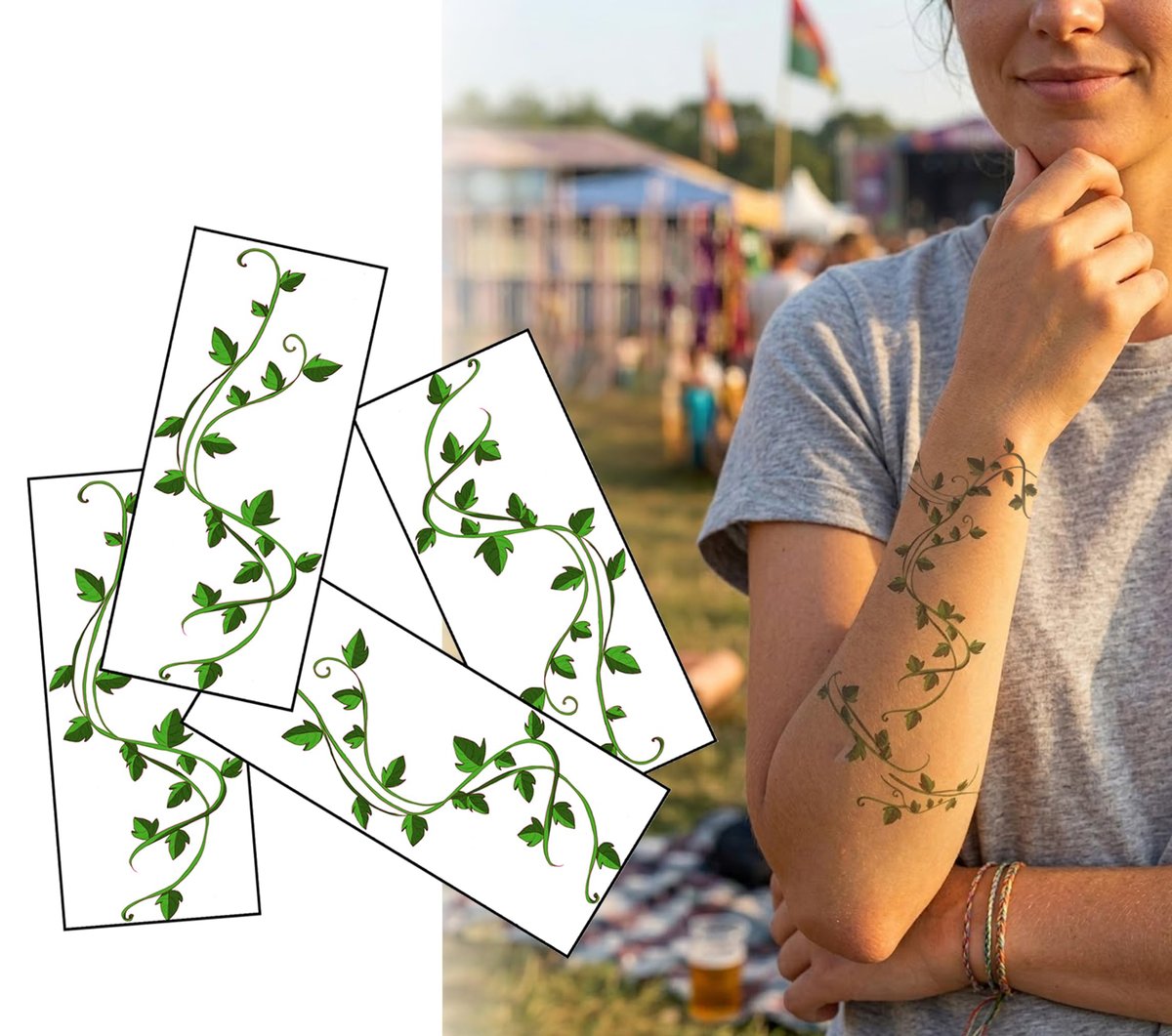 InkWear Ivy Leaf Vine Temporary Tattoos – 16 Sheets for Body Band Up to 59 Inches | Realistic Fake Tattoos for Adults & Kids - görsel 2