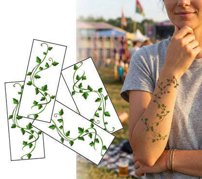 InkWear Ivy Leaf Vine Temporary Tattoos – 16 Sheets for Body Band Up to 59 Inches | Realistic Fake Tattoos for Adults & Kids