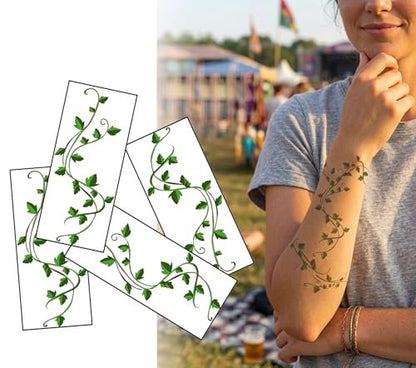InkWear Ivy Leaf Vine Temporary Tattoos – 16 Sheets for Body Band Up to 59 Inches | Realistic Fake Tattoos for Adults & Kids