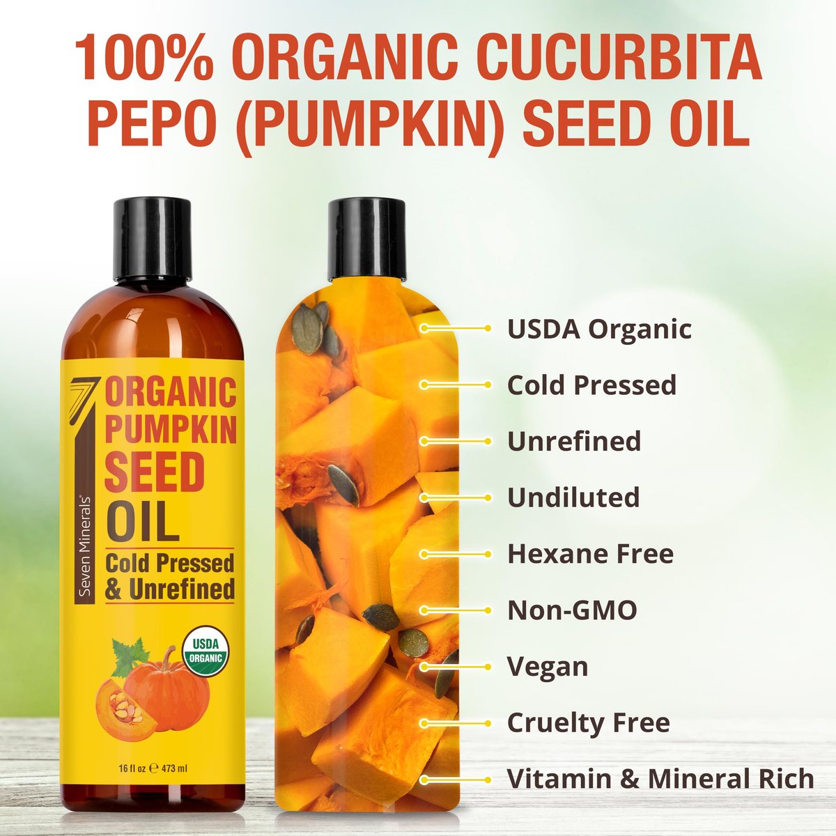 Seven Minerals Organic Pumpkin Seed Oil for Hair Growth, Face & Body – 16 oz, Cold-Pressed, Hexane Free, Lightweight & Non-Greasy Avelisse