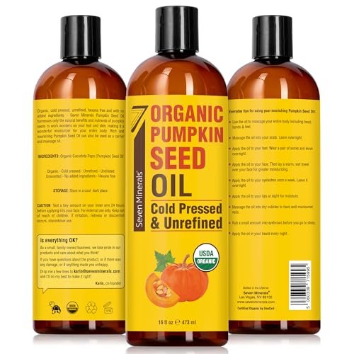 Seven Minerals Organic Pumpkin Seed Oil for Hair Growth, Face & Body – 16 oz, Cold-Pressed, Hexane Free, Lightweight & Non-Greasy Avelisse