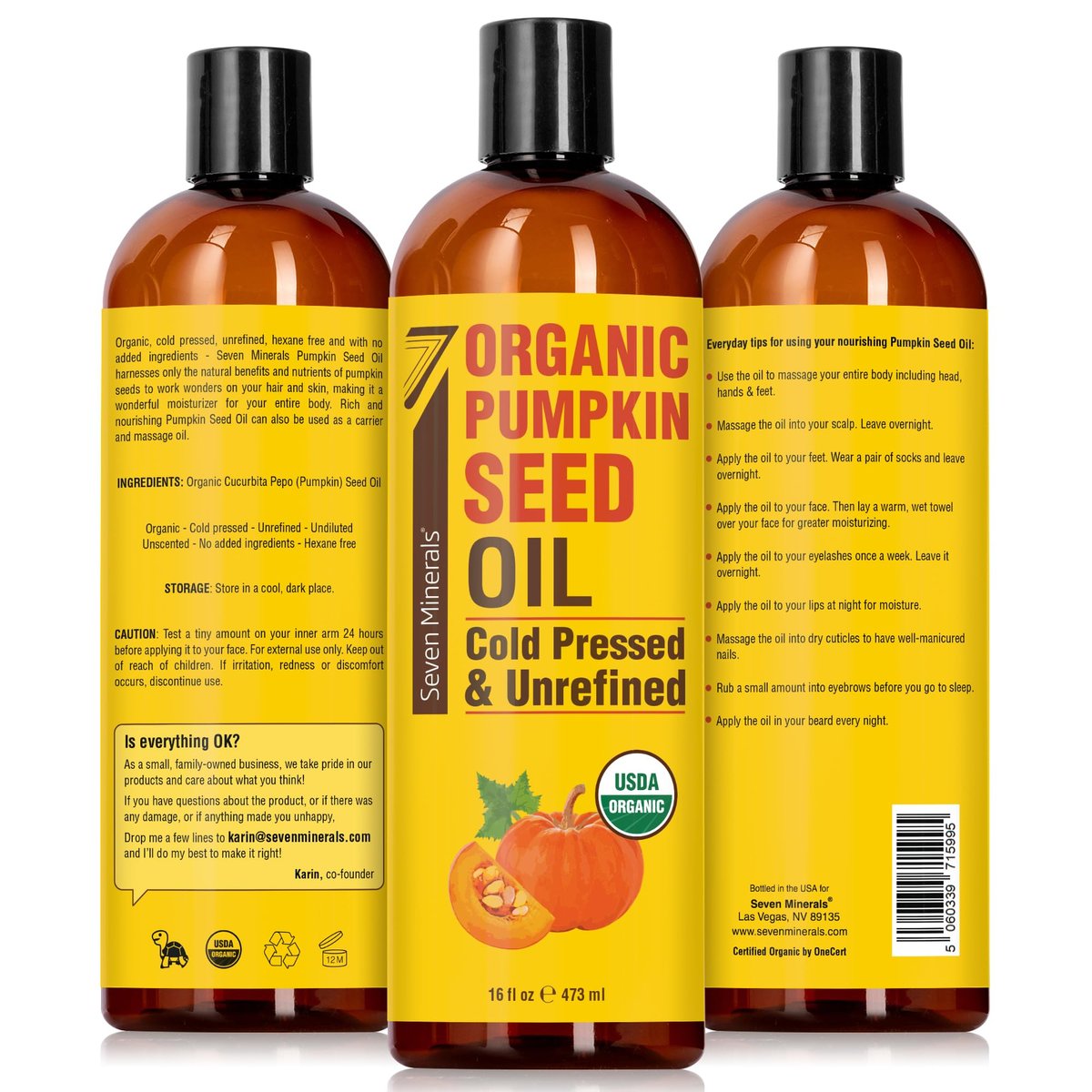 Seven Minerals Organic Pumpkin Seed Oil for Hair Growth, Face & Body – 16 oz, Cold-Pressed, Hexane Free, Lightweight & Non-Greasy Avelisse