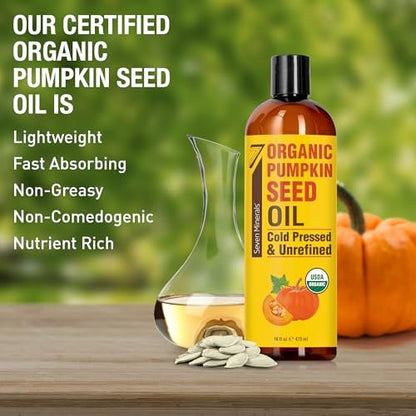 Seven Minerals Organic Pumpkin Seed Oil for Hair Growth, Face & Body – 16 oz, Cold-Pressed, Hexane Free, Lightweight & Non-Greasy Avelisse