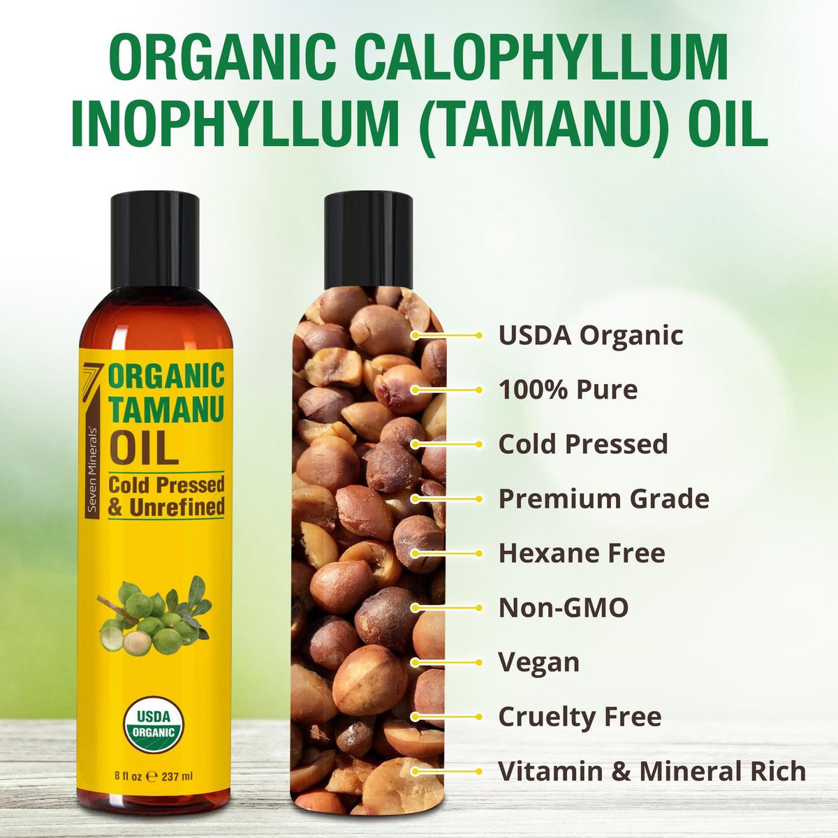 Seven Minerals USDA Organic Tamanu Oil - 8oz (240ml) - Cold Pressed & 100% Pure for Skin, Face, Hair & Nails Avelisse