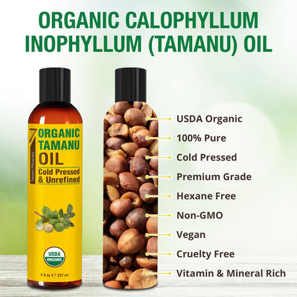 Seven Minerals USDA Organic Tamanu Oil - 8oz (240ml) - Cold Pressed & 100% Pure for Skin, Face, Hair & Nails Avelisse