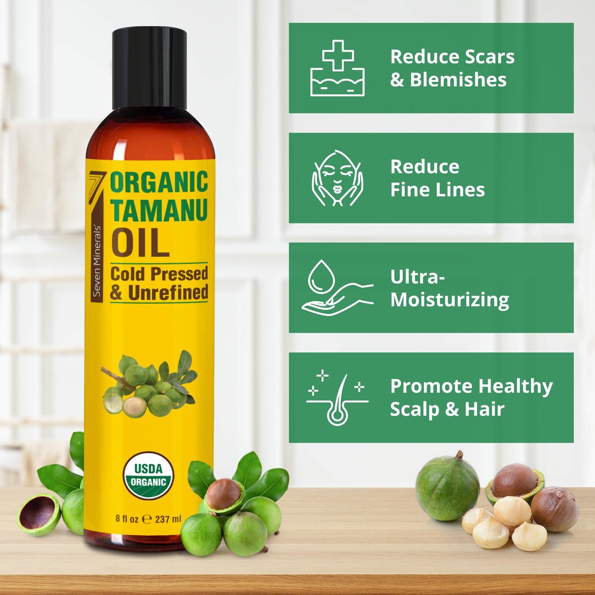 Seven Minerals USDA Organic Tamanu Oil - 8oz (240ml) - Cold Pressed & 100% Pure for Skin, Face, Hair & Nails Avelisse