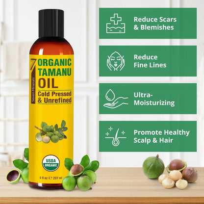 Seven Minerals USDA Organic Tamanu Oil - 8oz (240ml) - Cold Pressed & 100% Pure for Skin, Face, Hair & Nails Avelisse