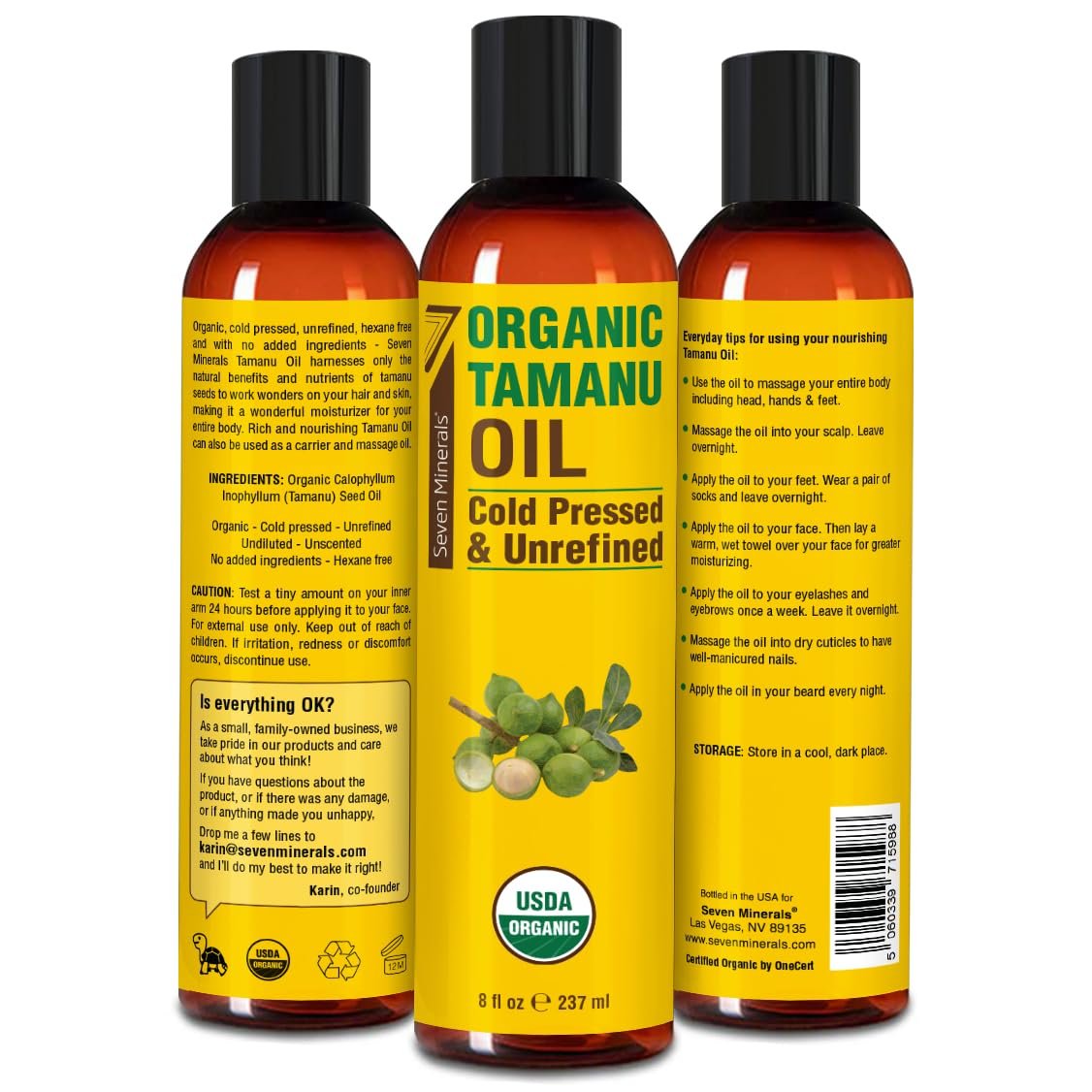 Seven Minerals USDA Organic Tamanu Oil - 8oz (240ml) - Cold Pressed & 100% Pure for Skin, Face, Hair & Nails Avelisse