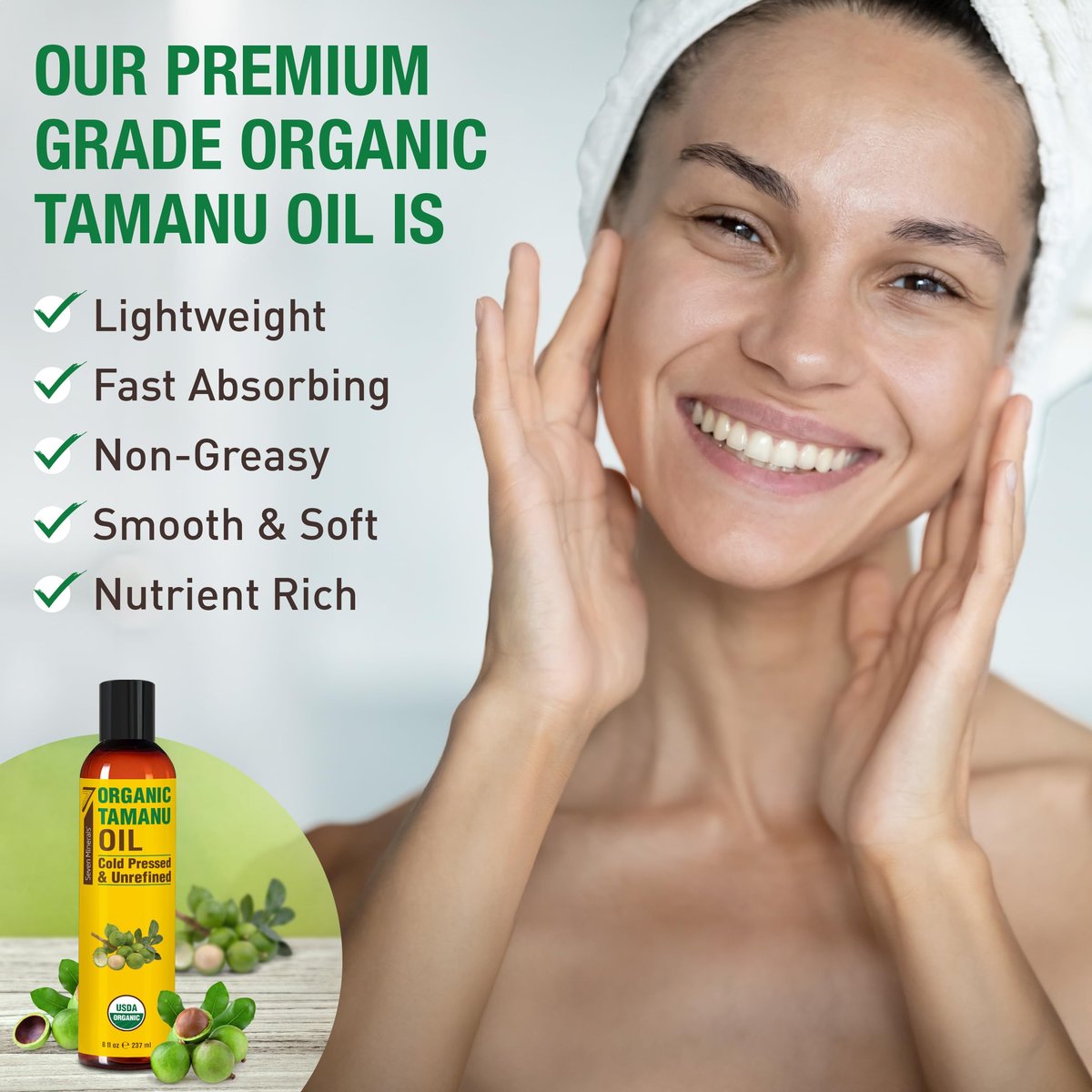 Seven Minerals USDA Organic Tamanu Oil - 8oz (240ml) - Cold Pressed & 100% Pure for Skin, Face, Hair & Nails Avelisse