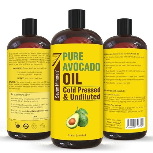 Cold Pressed Avocado Oil for Hair, Skin & Face - 32oz - Premium Grade, Hexane Free, 100% Pure, Non-Greasy Carrier Oil - Natural Skincare & Hair Care - Great with Essential Oils Avelisse
