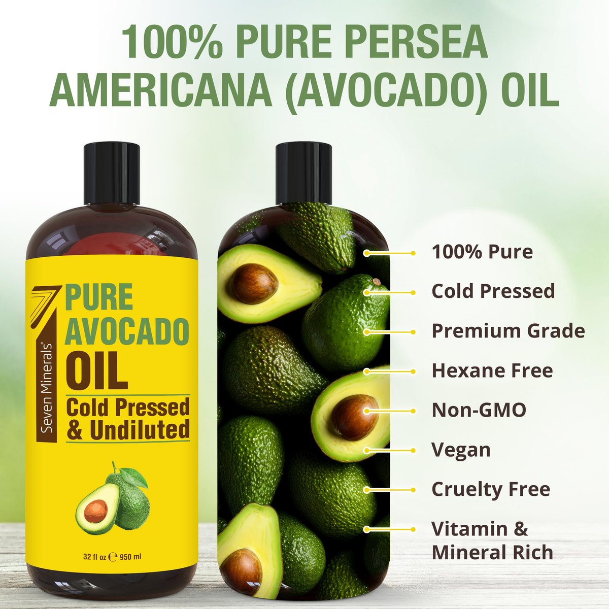 Cold Pressed Avocado Oil for Hair, Skin & Face - 32oz - Premium Grade, Hexane Free, 100% Pure, Non-Greasy Carrier Oil - Natural Skincare & Hair Care - Great with Essential Oils Avelisse
