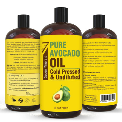 Cold Pressed Avocado Oil for Hair, Skin & Face - 32oz - Premium Grade, Hexane Free, 100% Pure, Non-Greasy Carrier Oil - Natural Skincare & Hair Care - Great with Essential Oils Avelisse