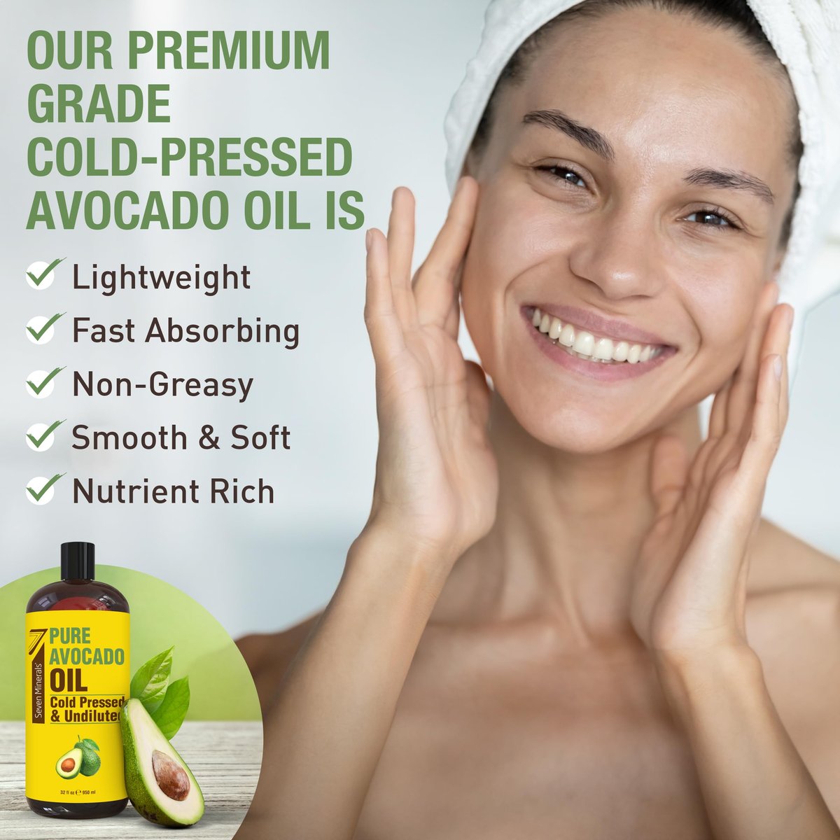Cold Pressed Avocado Oil for Hair, Skin & Face - 32oz - Premium Grade, Hexane Free, 100% Pure, Non-Greasy Carrier Oil - Natural Skincare & Hair Care - Great with Essential Oils Avelisse
