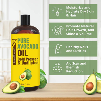 Cold Pressed Avocado Oil for Hair, Skin & Face - 32oz - Premium Grade, Hexane Free, 100% Pure, Non-Greasy Carrier Oil - Natural Skincare & Hair Care - Great with Essential Oils Avelisse