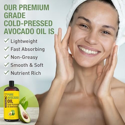 Cold Pressed Avocado Oil for Hair, Skin & Face - 32oz - Premium Grade, Hexane Free, 100% Pure, Non-Greasy Carrier Oil - Natural Skincare & Hair Care - Great with Essential Oils Avelisse