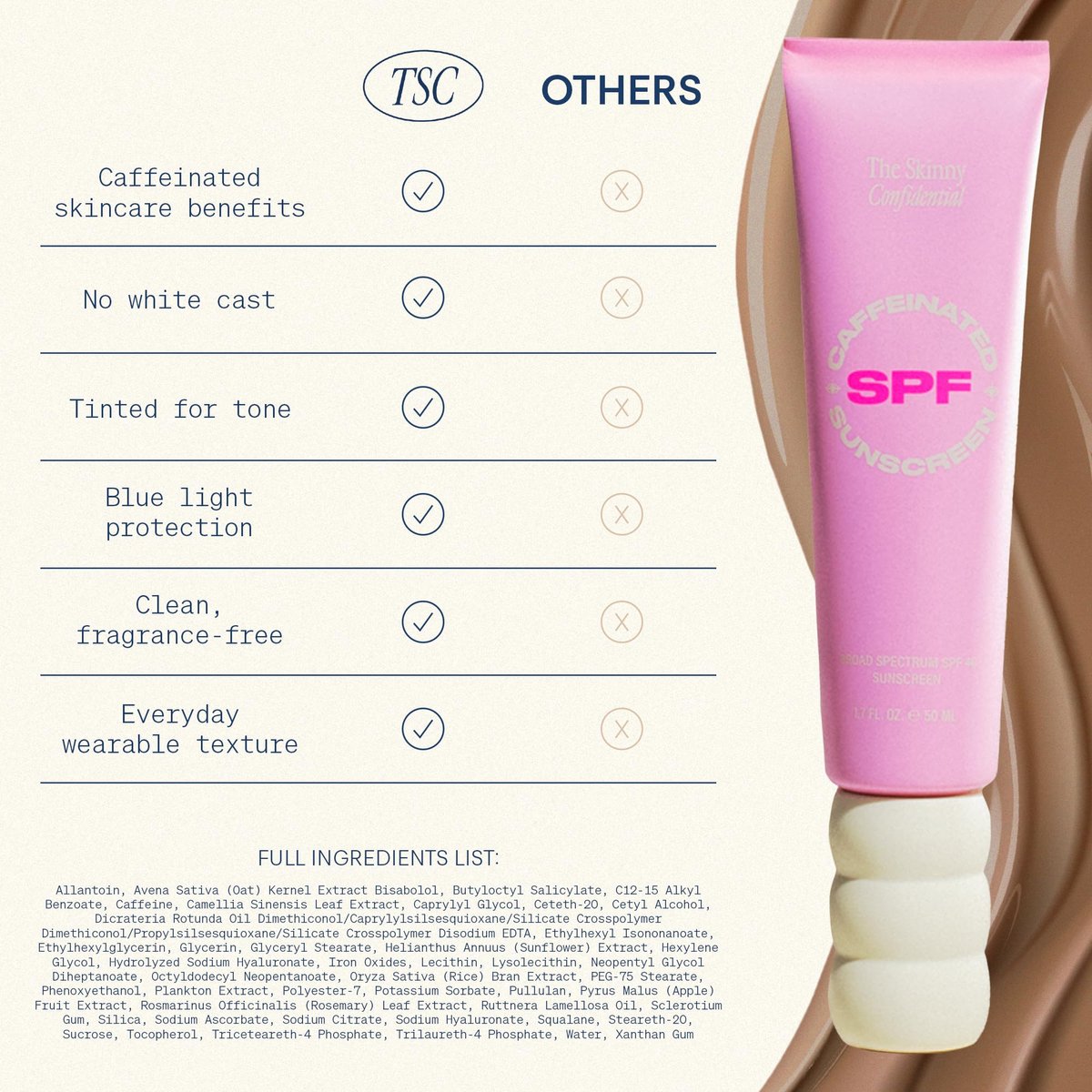 The Skinny Confidential Tinted Sunscreen SPF 40 - Fragrance Free Mineral Face Moisturizer with Caffeine, No White Cast, Non-Greasy, Lightweight - 1.7 Fl Oz Avelisse