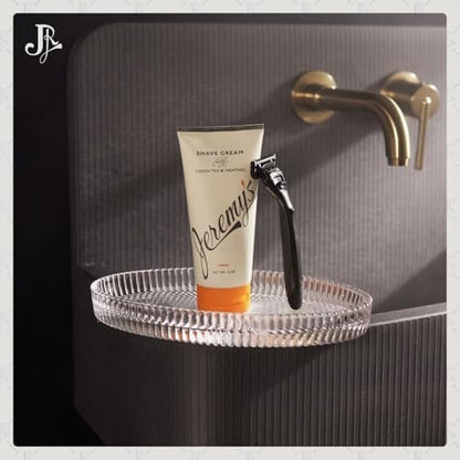 Jeremy's Razors All Natural Shaving Cream for Men - Green Tea & Menthol, Rich Lather for Face, Body, Head, Travel, Sensitive Skin & Razor Burn - Made in USA (6 Fl Oz) Avelisse
