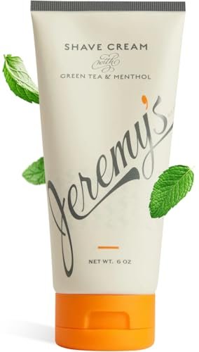 Jeremy's Razors All Natural Shaving Cream for Men - Green Tea & Menthol, Rich Lather for Face, Body, Head, Travel, Sensitive Skin & Razor Burn - Made in USA (6 Fl Oz) Avelisse