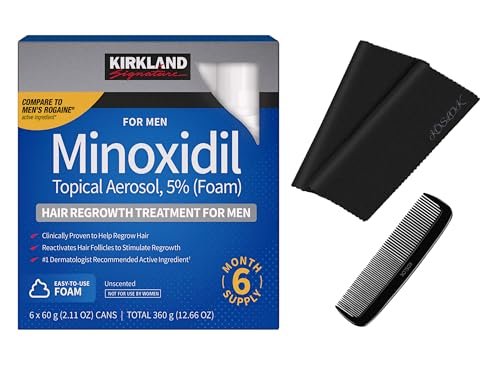 Kirkland Signature Minoxidil Foam Hair Regrowth Treatment for Men, 2.11 oz (6-Pack, 6-Month Supply) with 2 MicroFiber Cleaning Cloths and Comb Avelisse