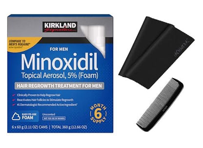 Kirkland Signature Minoxidil Foam Hair Regrowth Treatment for Men, 2.11 oz (6-Pack, 6-Month Supply) with 2 MicroFiber Cleaning Cloths and Comb Avelisse