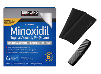 Kirkland Signature Minoxidil Foam Hair Regrowth Treatment for Men, 2.11 oz (6-Pack, 6-Month Supply) with 2 MicroFiber Cleaning Cloths and Comb Avelisse