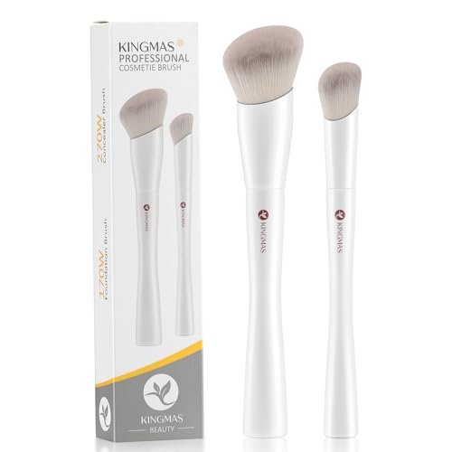 KINGMAS 2-Piece Angled Foundation Brush & Concealer Brush Set - Premium Kabuki Makeup Brushes for Liquid, Cream, Powder, Blush, Buffing & Stippling (White, Wood Handle)