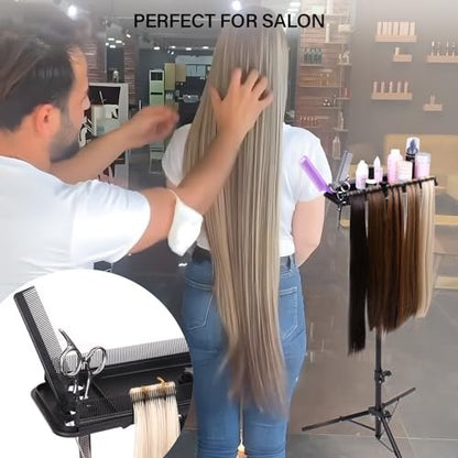 AliLeader Hair Extension Tool Tray with 2 Hair Combs - Wig Stand Tripod Holder for Styling, Washing, Coloring, and Blow-Drying Weft, Clip-In, Tape-In Extensions