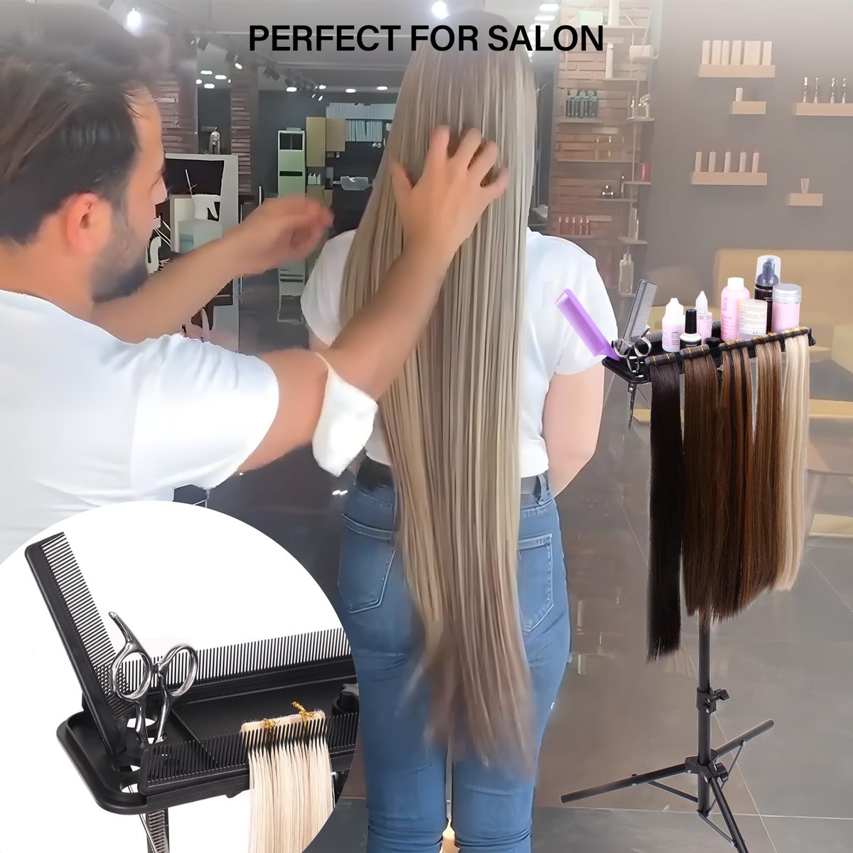 AliLeader Hair Extension Tool Tray with 2 Hair Combs - Wig Stand Tripod Holder for Styling, Washing, Coloring, and Blow-Drying Weft, Clip-In, Tape-In Extensions - görsel 17