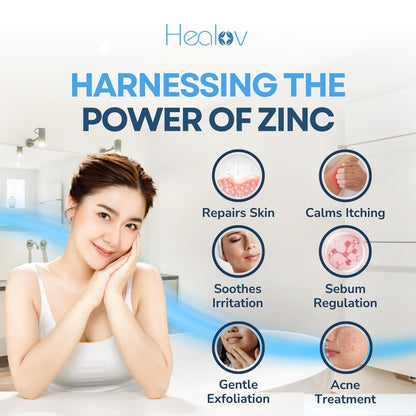 Healov Zinc Face Wash & Body Cleanser – Calming Zinc Soap for Acne, Rosacea, Eczema, Psoriasis & Itchy Skin – Exfoliating & Gentle for All Skin Types (3.3 oz)