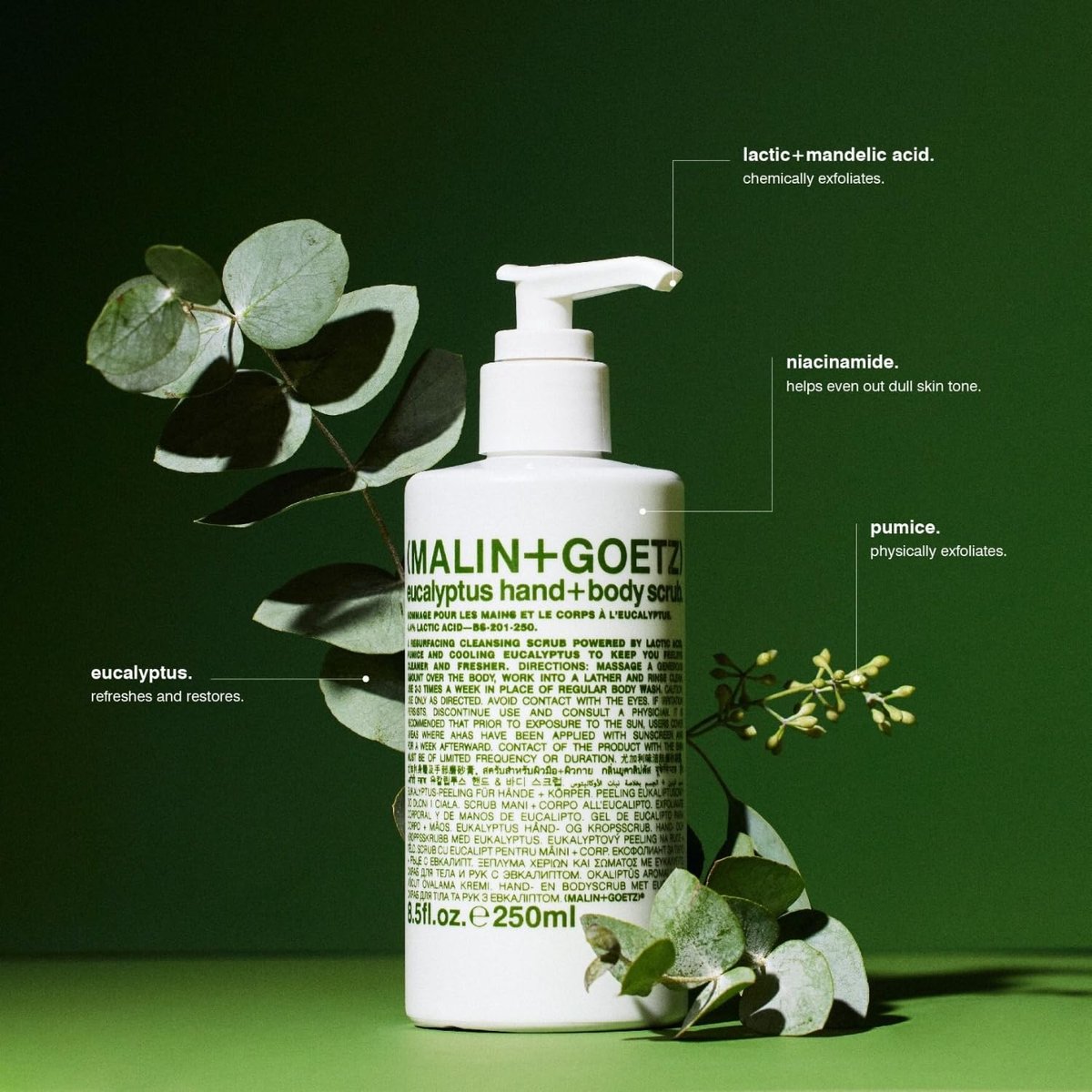 MALIN+GOETZ Eucalyptus Hand + Body Scrub – Resurfacing Cleanser with Lactic Acid, Mandelic Acid, Pumice & Niacinamide – Deeply Cleanses, Smooths & Brightens – Vegan & Cruelty-Free (8.5 fl oz) Avelisse