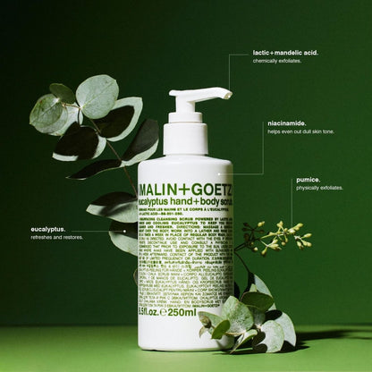 MALIN+GOETZ Eucalyptus Hand + Body Scrub – Resurfacing Cleanser with Lactic Acid, Mandelic Acid, Pumice & Niacinamide – Deeply Cleanses, Smooths & Brightens – Vegan & Cruelty-Free (8.5 fl oz) Avelisse