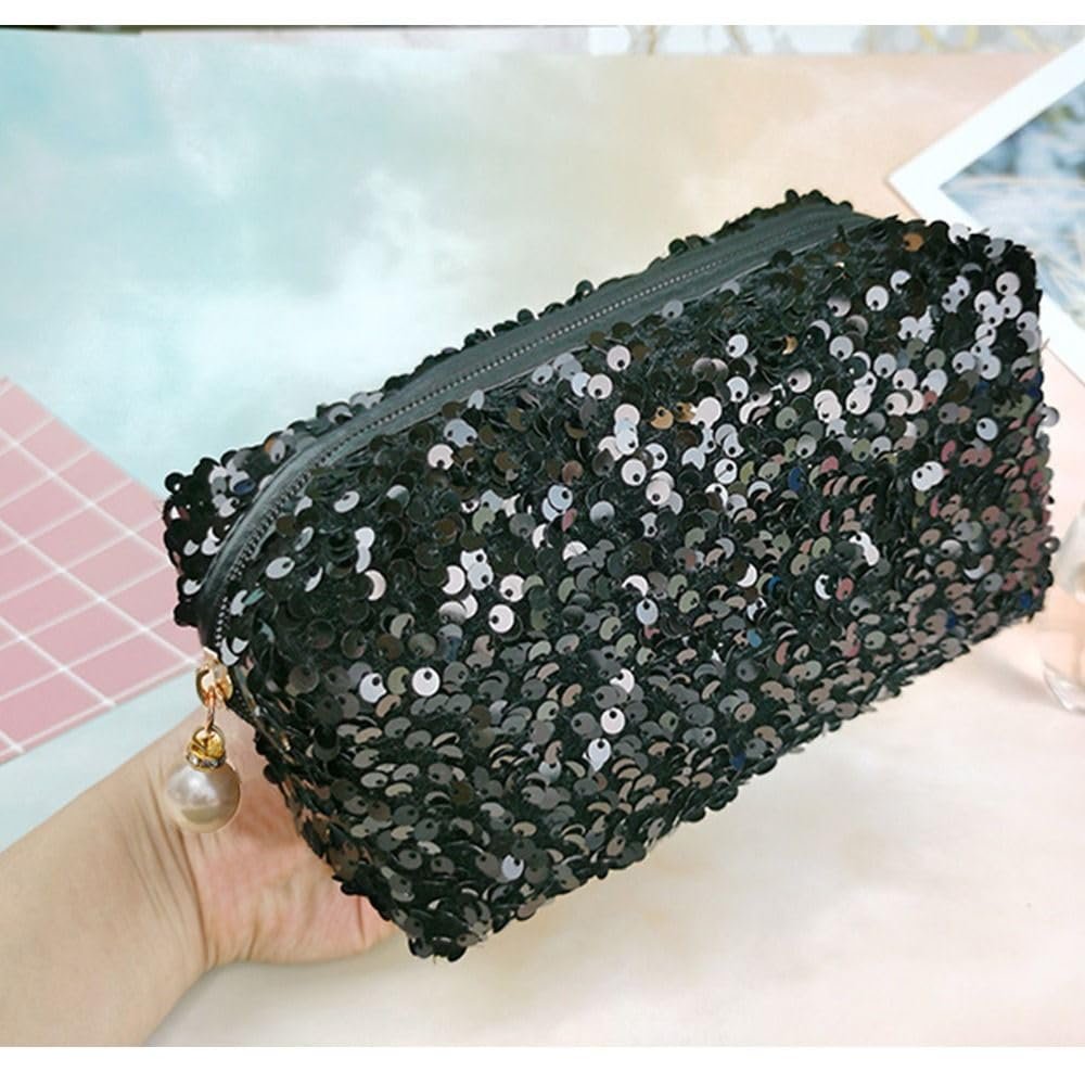 HomeSoGood Large Sequin Cosmetic Bag - Glitter Makeup Zipper Bag, Travel Toiletry Handbag for Women Girls, Black - görsel 9