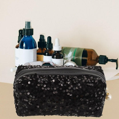 HomeSoGood Large Sequin Cosmetic Bag - Glitter Makeup Zipper Bag, Travel Toiletry Handbag for Women Girls, Black