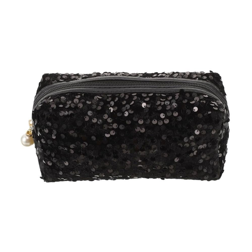 HomeSoGood Large Sequin Cosmetic Bag - Glitter Makeup Zipper Bag, Travel Toiletry Handbag for Women Girls, Black - görsel 1