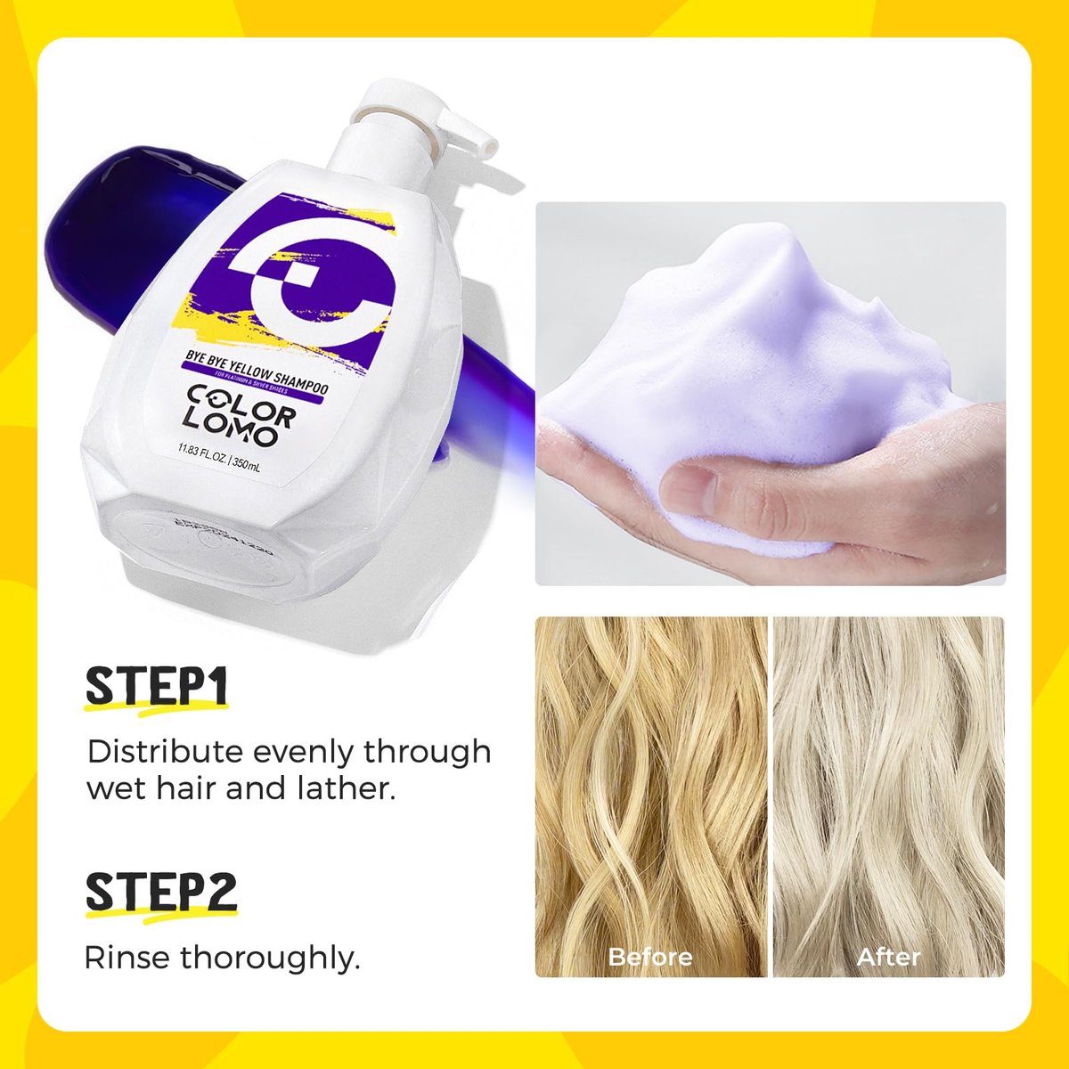 COLORLOMO Bye Bye Yellow Purple Shampoo - Neutralizes Brass & Yellow Tones for Blonde, Silver & Highlighted Hair - Sulfate Free - 11.83 Fl Oz Avelisse