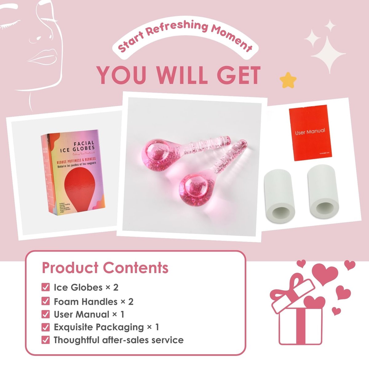 Glitter Pink Ice Globes Facial Cooling Tools - Cryo Beauty Balls with Anti-Slip Handle for Face, Eyes & Neck, Soothing Cold Massage Avelisse