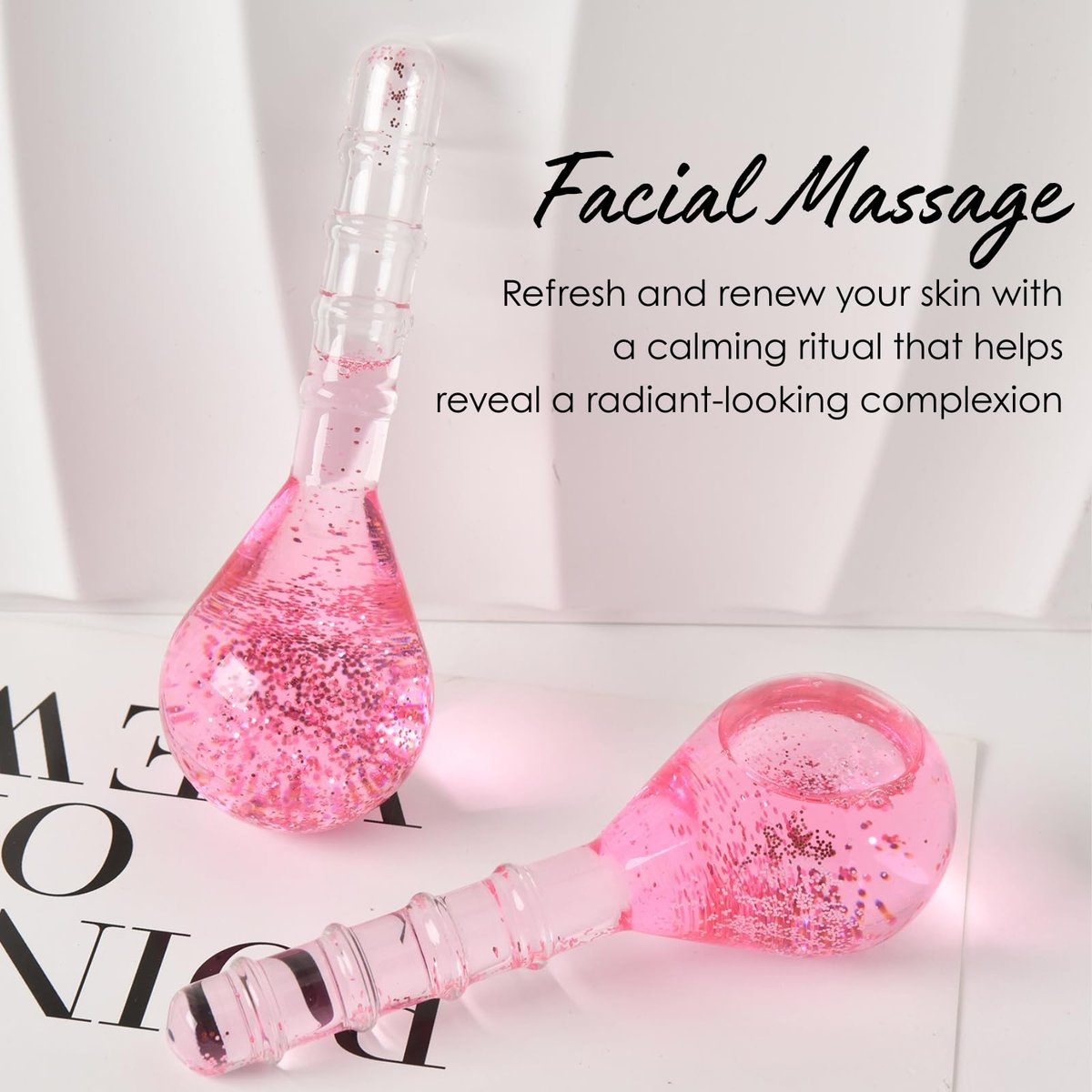Glitter Pink Ice Globes Facial Cooling Tools - Cryo Beauty Balls with Anti-Slip Handle for Face, Eyes & Neck, Soothing Cold Massage Avelisse