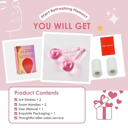 Glitter Pink Ice Globes Facial Cooling Tools - Cryo Beauty Balls with Anti-Slip Handle for Face, Eyes & Neck, Soothing Cold Massage Avelisse